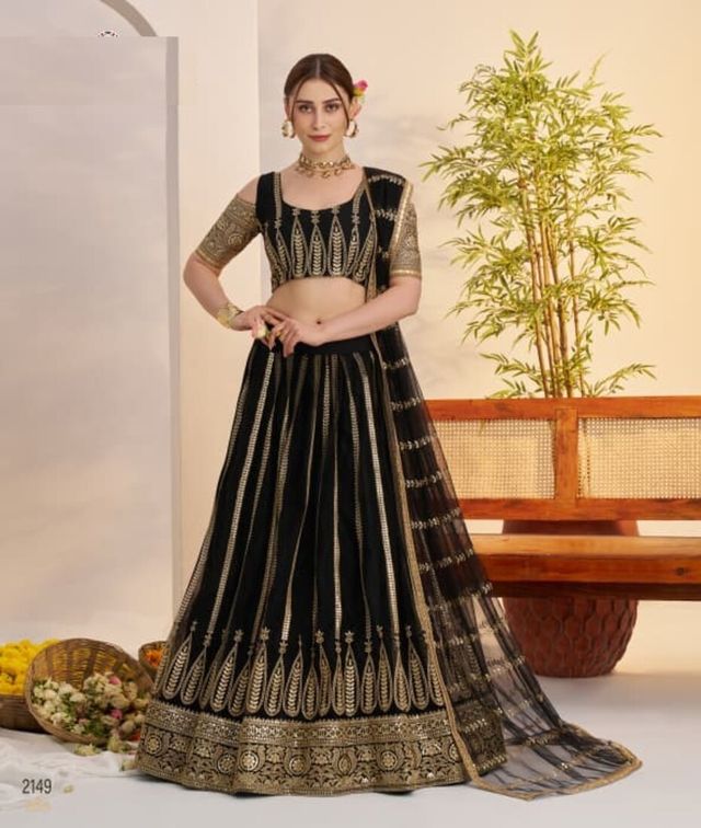 Black Heavy Embroidery Net Semi Stitch A Line Lehenga With Blouse