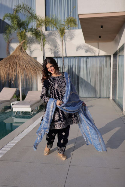 Blue Color Ice Velvet Fabric Ethnic Heavy Embroidered Ceremonial Suit With Dupatta