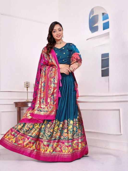 Teal-Blue patola print dola silk semi stitched lehenga choli with tassels
