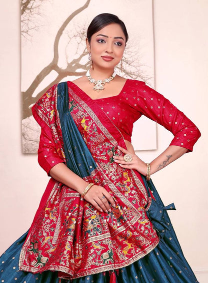 Blue patola print dola silk semi stitched lehenga choli with tassels