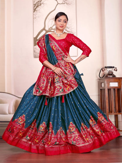 Blue patola print dola silk semi stitched lehenga choli with tassels