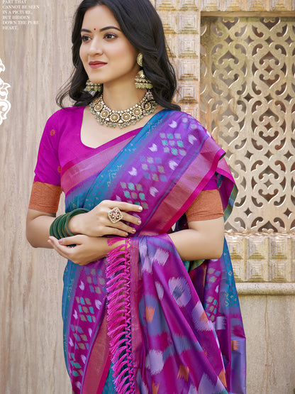 Teal Pochampalli Silk Saree with Floral Printed Work with Blouse