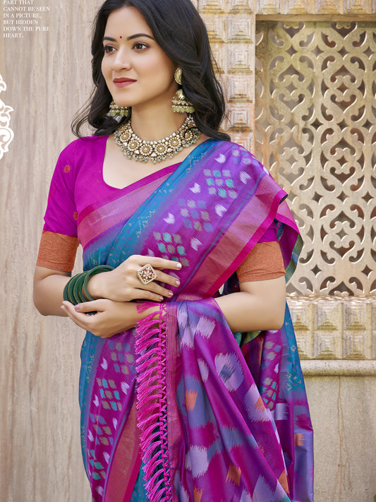 Teal Pochampalli Silk Saree with Floral Printed Work with Blouse