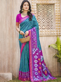 Teal Pochampalli Silk Saree with Floral Printed Work with Blouse