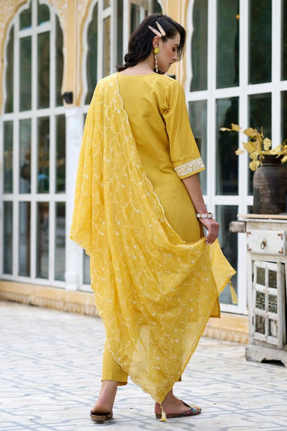 Yellow Color Silk Blend Fabric Smart Embroidered Girlie Trendy Salwar Suit