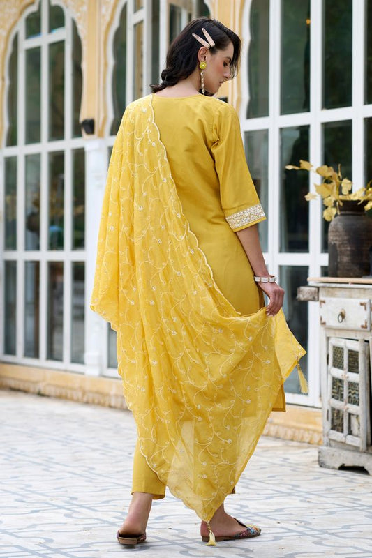 Yellow Color Silk Blend Fabric Smart Embroidered Girlie Trendy Salwar Suit