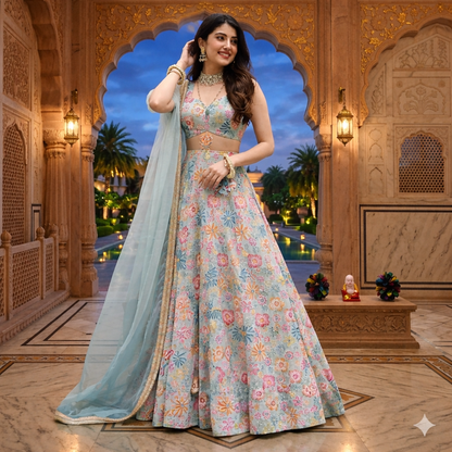 Turquoise Designer Lehenga with Dupatta – Indian Ethnic Wear HKV-003540 MULTI COLOR