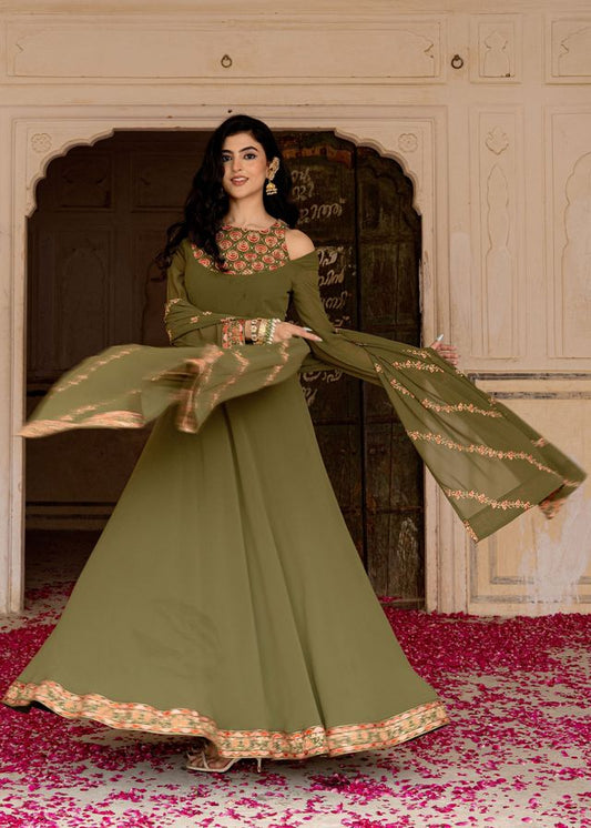 Olive Color Georgette Fabric Designer Embroidered Partywear Gown For Girlie Looks