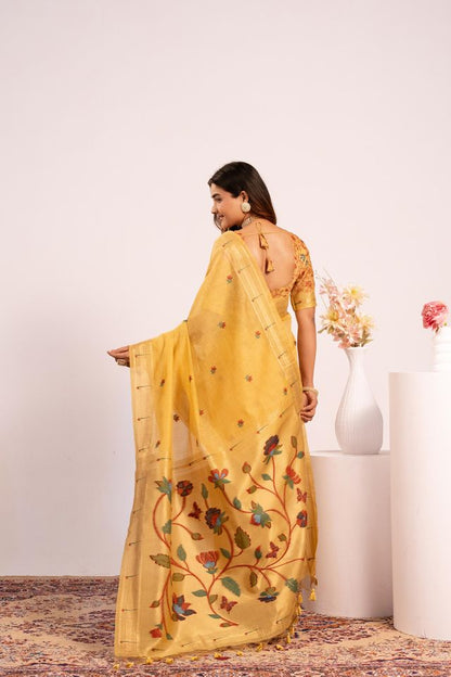 Yellow Color Muga Cotton Fabric Paithani Weaving Designer Partywear Saree