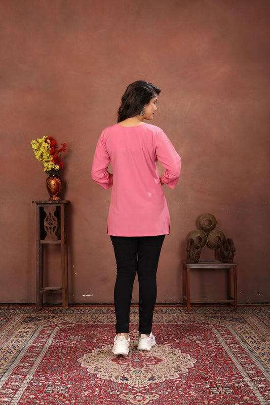 Pink Color Rinkal Cotton Fabric Formal Looking Casual Short Kurta