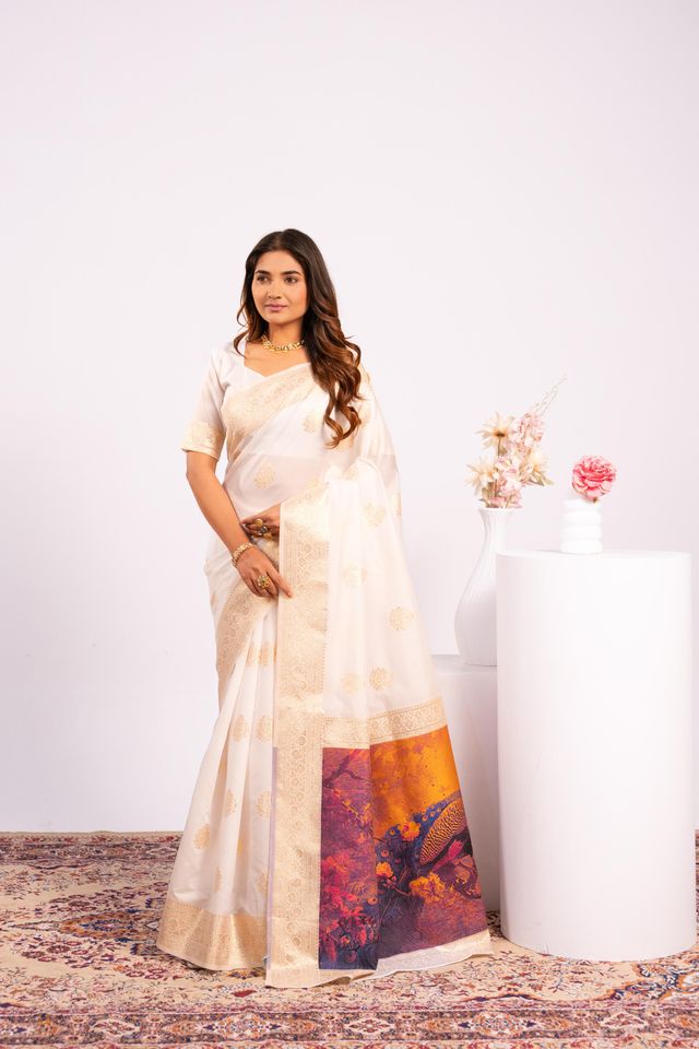 Off White Color Banarasi Silk Fabric Designer Partywear Saree