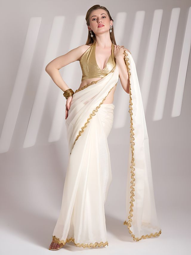 White Color Jimmy Choo Fabric Saree With Sequance Codding Lace Border Ethnic Girlie Saree