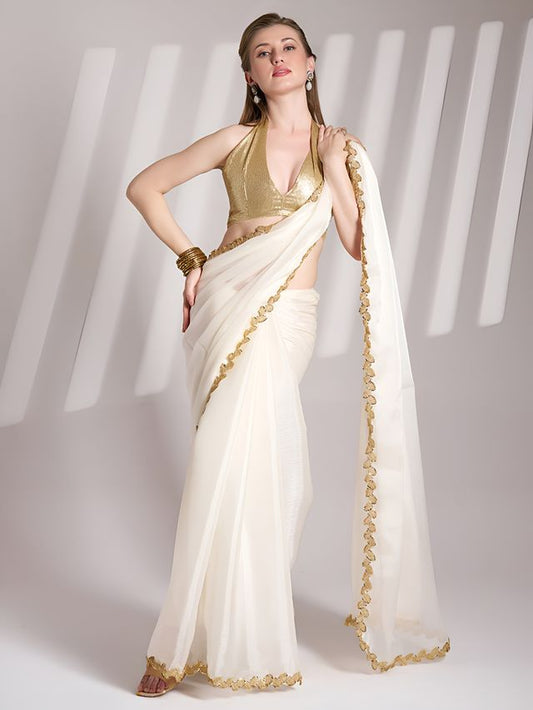 White Color Jimmy Choo Fabric Saree With Sequance Codding Lace Border Ethnic Girlie Saree