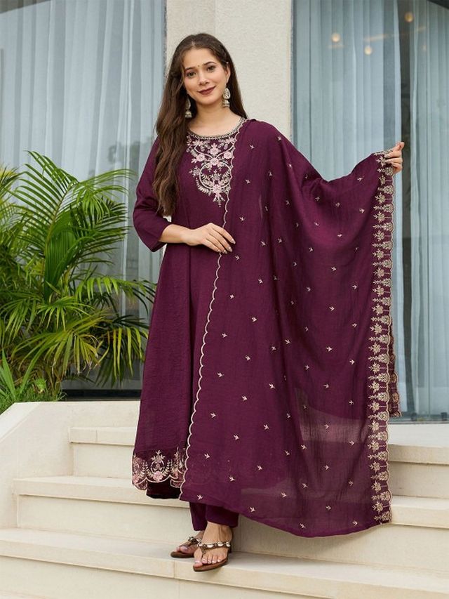 Wine Color Vichitra Silk Fabric Designer Embroidery Work Graceful Partywear Suit