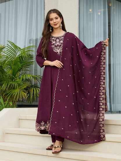 Wine Color Vichitra Silk Fabric Designer Embroidery Work Graceful Partywear Suit