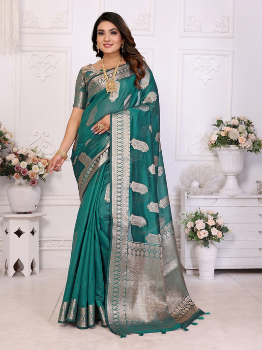 Blue Weaving Soft Organza Saree With Blouse