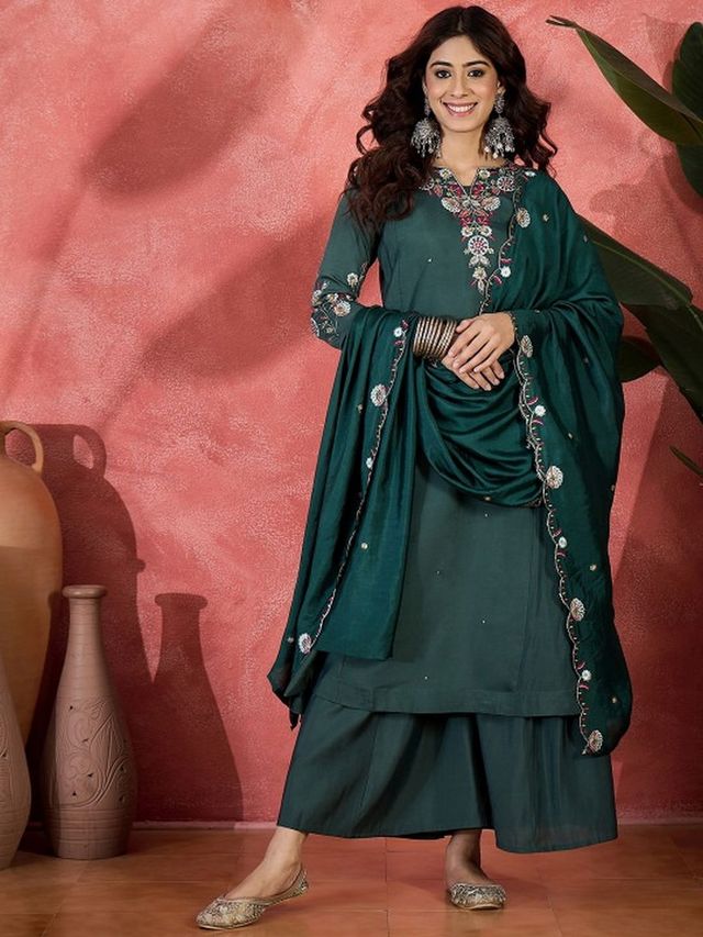 Green Color Chanderi Silk Fabric Beautiful Graceful Readymade Palazzo Dress