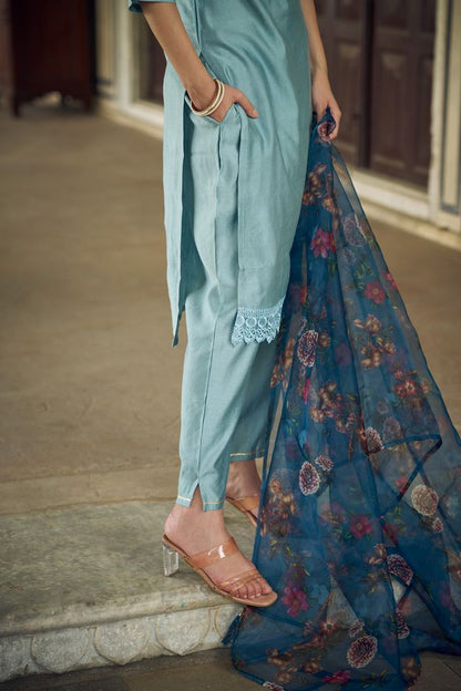 Sky Blue Color Viscose Rayon Fabric Beautiful Embroidered Kurta Set With Dupatta