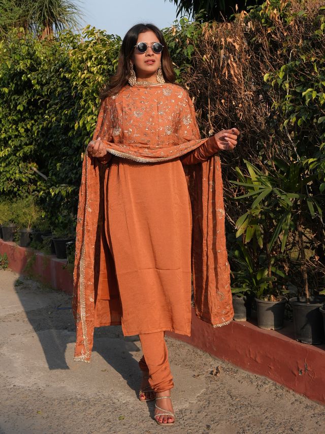 Rust Color Vichitra Fabric Beautiful Partywear Dress For Girls