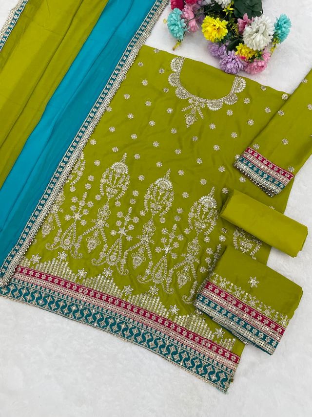 Light Green Chinon Silk Semi Stitched Wedding Suits