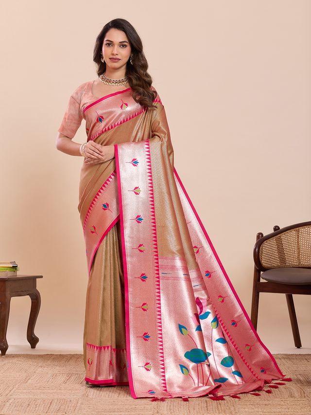 Pink Color Soft Silk Fabric Woven Jari Designer Partywear Saree