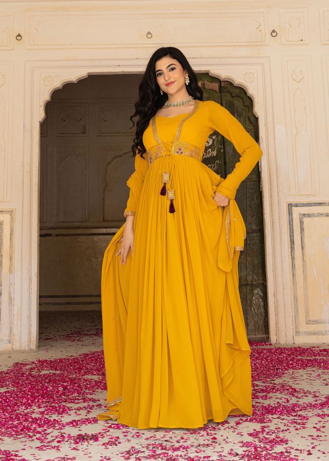 Mustard Color Georgette Fabric Designer Embroidered Partywear Gown For Girlie Looks