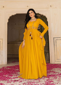 Mustard Color Georgette Fabric Designer Embroidered Partywear Gown For Girlie Looks