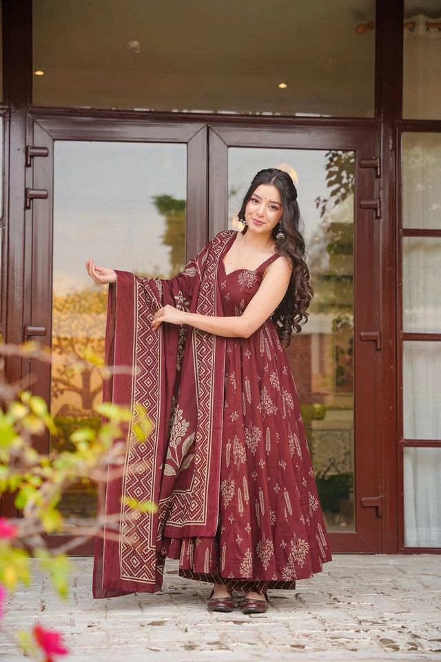 Brown Color Muslin Fabric Designer Printed Readymade Ceremonial Palazzo Dress