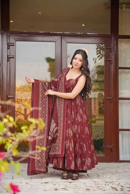 Brown Color Muslin Fabric Designer Printed Readymade Ceremonial Palazzo Dress