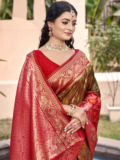 Mehndi Color Pochampalli Silk Fabric Woven designer Ethnic Partywear Saree