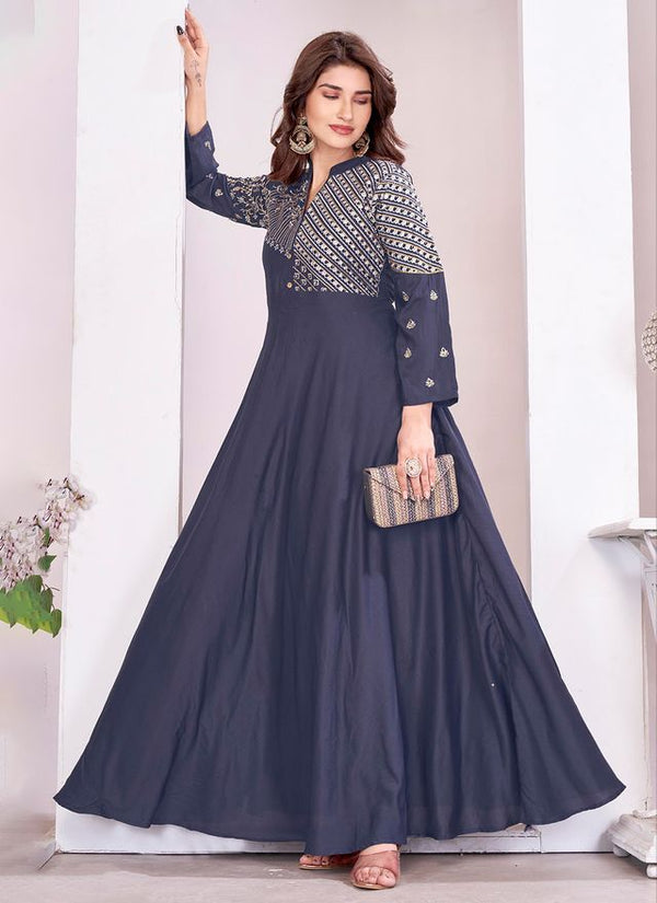 Dark Grey Color Beautiful Embroidered Ceremonial Gown For Classy Looks