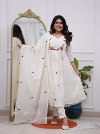 Off WhiteColor P V Chanderi Fabric Designer Embroiderd Stitched Suit