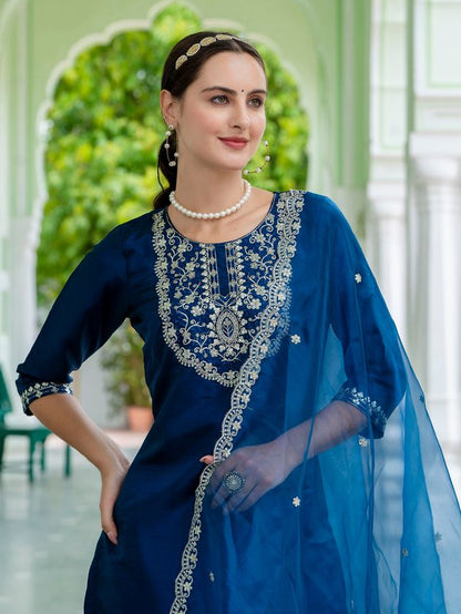Teal Blue Color Designer Embroidered Silk Blend Ethnic Festive Special Suit