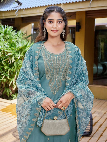 Light Blue Color Stylish Partywear Readymade Ethnic Suit