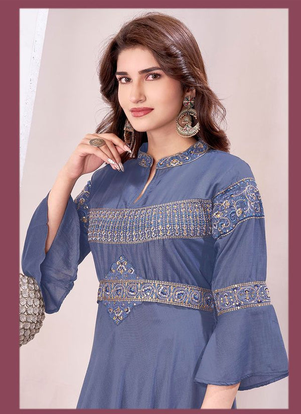 Grey Color Beautiful Embroidered Ceremonial Gown For Classy Looks
