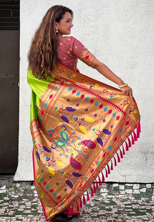 Parrot Green Color Soft Silk Fabric Woven Meenakari Designer Ethnic Partywear Saree
