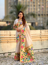 Cream Color Paithani Silk Fabric Woven Designer Partywear Saree