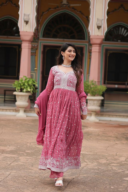 Pink Color Faux Georgette Fabric Beautiful Ceremonial Suit With Dupatta
