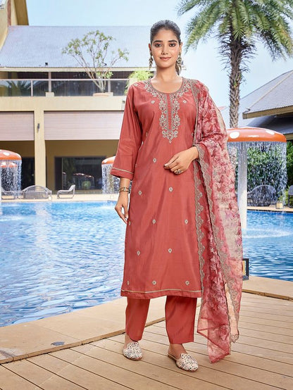 Peach Color Stylish Partywear Readymade Ethnic Suit