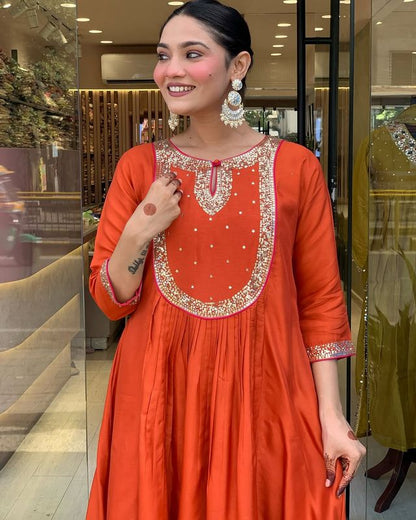Rust Color Ethnic Cotton Silk Fabric Readymade Kurta Set With Dupatta