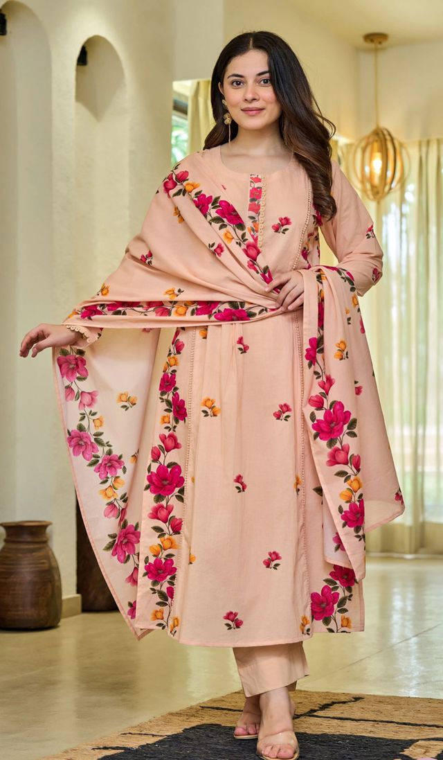 Peach Color Cotton Fabric Beautiful Festive Wear Salwar Kameez