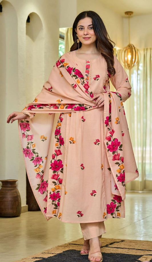 Peach Color Cotton Fabric Beautiful Festive Wear Salwar Kameez