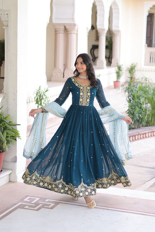Teal Blue Color Beautiful Ceremonial Faux Georgette Fabric Gown For Party Looks