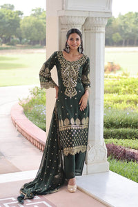 Green Color Faux Georgette Fabric Sequins Embroidered Wedding Ceremonial Sharara Suit