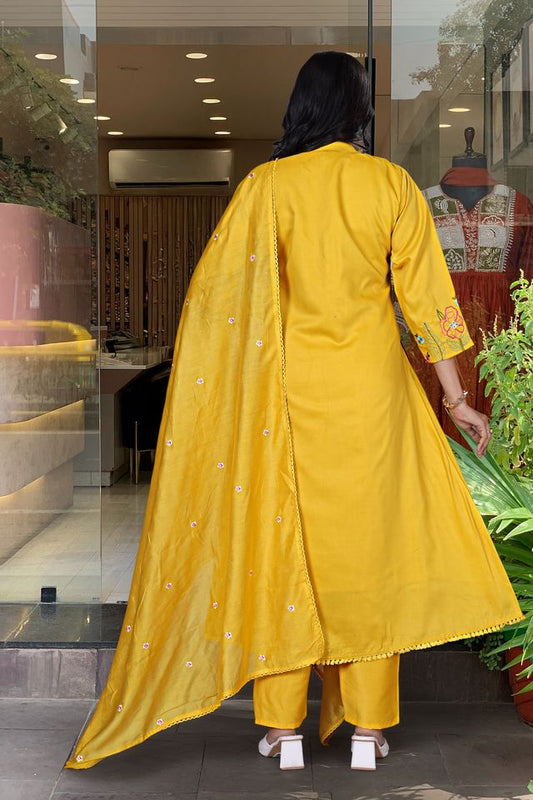 Mustard Color Chanderi Silk Fabric Ceremonial Readymade Kurta Set with Dupatta