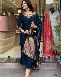 Navy Blue Color Designer Embroidered Ethnic Partywear Suit