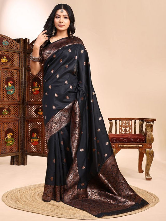 Black Color Ethnic Lichi Silk Fabric Graceful Woven Designer Saree