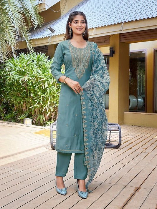 Light Blue Color Stylish Partywear Readymade Ethnic Suit