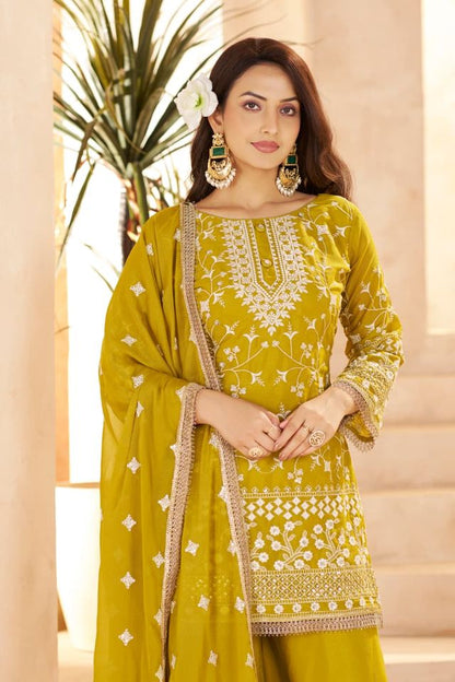 Mustard Yellow Georgette All Over Cotton Thread & Sequins Work Palazzo Sets Size upto 44