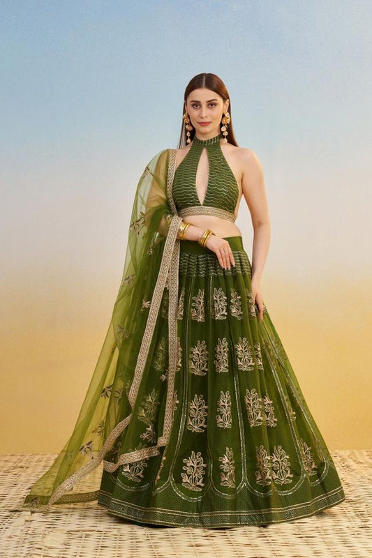 Mehndi Green Heavy Embroidery Net Semi Stitch A Line Lehenga With Blouse